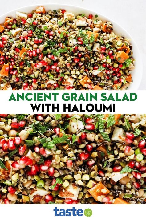 There are many versions of ancient grain salad, which isn’t surprising after you’ve tried it: it’s hearty, healthy and incredibly delicious. It’s fabulous as a side to any meat dish, but also substantial enough to serve as a main for vegetarians. Freekeh and wild rice combine to make the ancient grain mix, while we added haloumi as an extra salty treat, plus mint for freshness and pomegranate for sweetness. Ancient Grain Salad, Freekeh Recipes, Ancient Grains Salad, Haloumi Recipes, Grain Salad Recipes, Farro Recipes, Wild Rice Salad, Meat Dish, Grain Salad