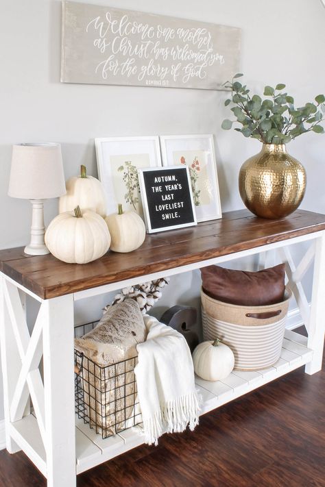 Farmhouse Console Table Decor, White Entry Table, Table Decor Rustic, Entry Way Table, Farmhouse Console Table, Console Table Decorating, Lovely Smile, Home Entrance Decor, Home Entrance