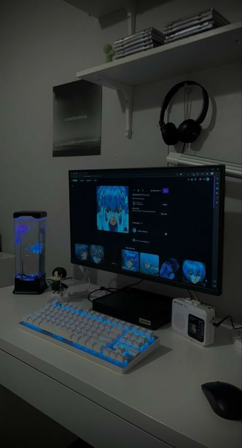 Gaming Set Up Aesthetic Black, Cybercore Desk Setup, Gameing Set Up Aesthetic, Male Gaming Setup, Korean Gaming Room, Black White And Blue Gaming Setup, Dark Blue Office Aesthetic, Cybercore Pc Setup, Cybercore Gaming Setup