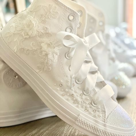 What do you think of these wedding custom #chucks choose your favorite today! . . . 📦Shipping Update 📦 Now we ship in 2 weeks 👏🏻 How to order: ♥️go to my Etsy Store https://cscreationsbycarol.etsy.com ♥️Choose the style you want from different listings ♥️Choose your size ♥️Write all the customization you want in the personalization section ♥️proceed to checkout ♥️you can always message me any questions you have before or after placing your order ♥️once you placed your order,I will start pr... Cute Wedding Tennis Shoes, Brides Shoes Flats, Wedges Wedding Shoes, Wedding Reception Tennis Shoes, Bridal Converse Shoes Brides, Wedding Shoes Trainers, White Wedding Sneakers, Comfy Wedding Shoes Sneakers, White Converse Wedding Shoes