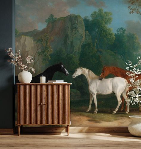 Wild Horses on a Green Landscape Wallpaper Wall Mural Peel - Etsy Farm Wall Mural, Green Landscape Wallpaper, Horse Wall Mural, Horse Mural, Landscape Mural, Wallpaper Roller, Mural Ideas, House Bedroom, Paper Tree