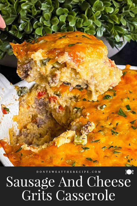 Enjoy the ultimate comfort breakfast: our easy-to-make Sausage and Cheese Grits Casserole. Deliciously satisfying for the whole family! Sausage Cheese Grits Casserole, Grits And Sausage Casserole, Sausage Grits Casserole Breakfast, Grits Casserole Breakfast, Sausage And Grits Casserole, Sausage And Grits Recipe, Cheesey Grits, Grits Recipe Breakfast, Grits Breakfast Casserole