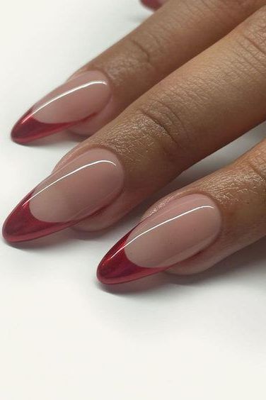 Chrome Red Tips Nails, Red French Tip Nails Crome, Chrome Red Nails French Tip, Red Tip Acrylics, Dark Red Chrome French Tip Nails, Red Chrome Tips Nails, Red French Nails Chrome, Red Chrome French Tip Nails Almond, Cherry Red French Tip Nails Almond