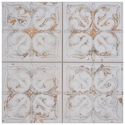 Merola Tile Antigua Lis 13" x 13" Straight Edge Porcelain Metal Look Wall Tile | Wayfair French Country Tile, White Square Tiles, Black Subway Tiles, Shower Mosaic, Penny Round Mosaic, Small Bathroom Layout, Fireplace Facade, Porcelain Wall Tile, Bath Tiles