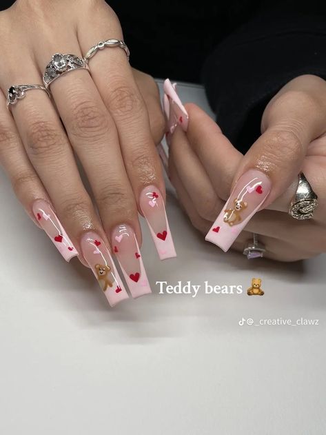 Bear Nails, Acrylic Nails Nude, Bears Nails, Valentines Day Nails, Long Acrylic Nails Coffin, Almond Acrylic Nails, Acrylic Nails Coffin Pink, Unique Acrylic Nails, Acrylic Nails Coffin Short