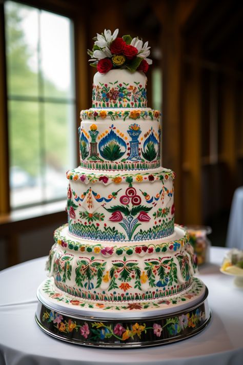 planning folklor wedding? don't forget awesome themed wedding cake ❤️ Folk Wedding Cake, Wedding Cakes Colorful Flowers, Hungarian Wedding, Polish Wedding Cake, Art Themed Wedding, Colourful Wedding Cake, Indigenous Wedding Cake, Funky Wedding Cake, Maximalist Wedding Cake