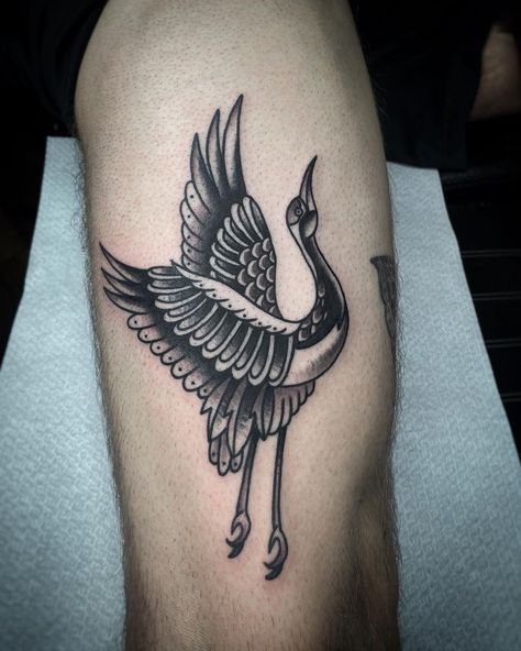 Crane American Traditional Tattoo, Bird Tattoo Traditional Black, Crain Bird Tattoo, Crane Tattoo Men, American Traditional Heron Tattoo, Asian Crane Tattoo, Bird Tattoo Thigh, Crane Arm Tattoo, Trad Bird Tattoo