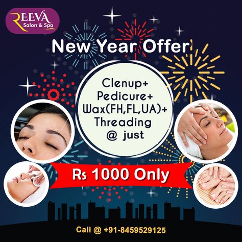 💁‍♀️ Get our new year offer @ just Rs. 1000 Including Cleanup + Pedicure + Wax (FH,FL,UA) + Threading #reevasalonspa #newyearoffer #cleanup #pedicure #waxing #threading #beautyservices #beautysalon #skincare #skintreatments #bodysalon #bodyspa #salon #spa Vouchers Design, Bridal Makeup Services, Voucher Design, Beautiful Skin Care, New Year Offers, Beauty Parlour, Body Spa, Makeup Services, Beauty Parlor