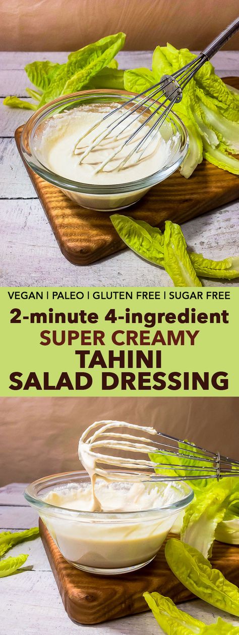 2-Minute 4-Ingredient Super Creamy Tahini Salad Dressing – This healthy super creamy tahini salad dressing requires only 4 ingredients, and is vegan, paleo, gluten free and refined sugar free. Read this post to learn the TRICK that makes this (extremely reliable!) tahini salad dressing recipe different from all the others out there. Loopy Whisk, Tahini Salad, Tahini Salad Dressing, Tahini Recipe, Vegan Salad Dressing, Salad Dressing Recipe, Vegan Sauces, Homemade Salads, Homemade Salad Dressing