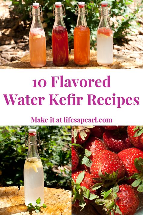 One of my favorite refreshing and healthy summer beverages is flavored water kefir. This fermented beverage is easy to make, probiotic rich, and a great bubbly alternative to soda! Check out 10 of our favorite recipes at Life’s A Pearl. #lifesapearl #ferments #waterkefir #waterkefirsoda #fruitflavors #healthydrinks #summerbeverages #basicrecipe Kifer Recipes, Water Kefir Recipes, Kefir Flavors, Kefir Drink, Fermented Vegetables Recipes, Summer Beverages, Flavored Water Recipes, Kefir Recipes, Healthy Probiotics