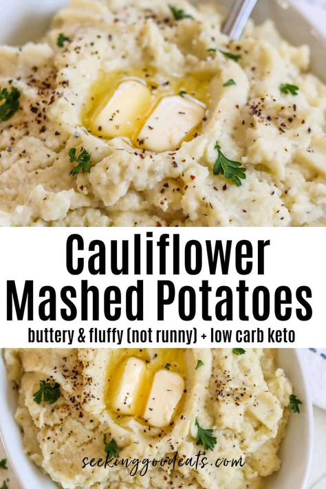 Cauliflower Mashed Potatoes are a really delicious low carb copycat of regular mashed potatoes! They taste as good as the real thing - they're buttery, creamy, garlicky - and not runny. Done in less than 25 minutes, your family will love them, and they're low carb keto-friendly. Let's make them! Meal prep and make them ahead up to 2 days then reheat them when your ready to serve your dinner. The perfect vegetable side dish for any night of the week or holidays! Best Keto Mashed Potatoes, Cauliflower Mashed Potatoes Keto, Keto Cauliflower Mashed Potatoes With Cream Cheese, Califlower Mashed Potatoes From Frozen, Cauliflower And Potato Mash, Keto Cauliflower Mash, Mashed Cauliflower Recipe, Cauliflower Mashed, Keto Vegetables