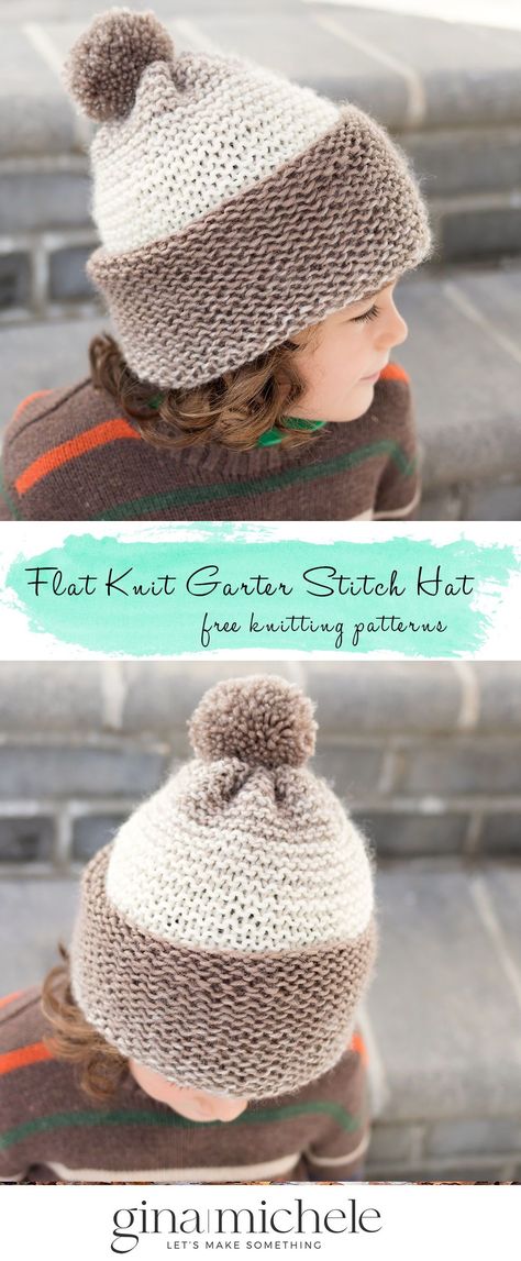 FREE knitting pattern for this Flat Knit Garter Stitch Hat. #knitting #knittingpattern Flat Knitting Hat Patterns Free, Garter Stitch Hat Pattern Free, Knit Flat Hat Free Pattern, Flat Knitting Patterns Free, Garter Stitch Hat, Free Flat Knitting Patterns, Flat Knitting Patterns, Flat Knit Hat Pattern Free, Childrens Scarf