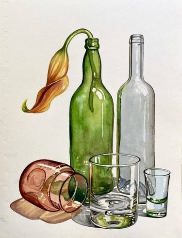 Still Life Pictures, Bottle Drawing, Art Watercolor Painting, Watercolor Projects, Cute Pastel Wallpaper, Painting Glassware, Still Life Drawing, Nature Drawing, Daily Painting