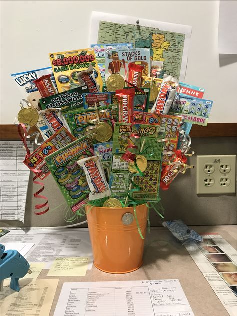 Lotto basket Lotto Raffle Basket Ideas, Lotto Basket Ideas, Lotto Ticket Basket, Lotto Gift Basket, Lottery Ticket Basket, Baskets 2022, Lottery Ticket Bouquet, Raffle Basket Ideas, Silent Auction Gift Basket Ideas