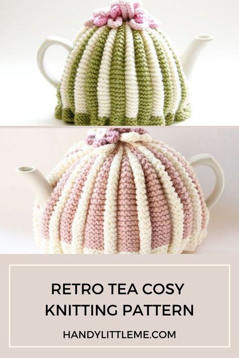 Tea cosy knitting pattern. Make a retro style tea cozy with this free pattern. #teacosy #teacozy #knitting #knittingpattern #knitcozy Knit Tea Cozy Pattern Free, Crochet Tea Cosy Free Pattern, Knit Tea Cozy Pattern, Tea Cosy Crochet, Knit Tea Cozy, Tea Cosy Pattern, Tea Cosy Knitting Pattern, Tea Cozy Pattern, Knitted Tea Cosies