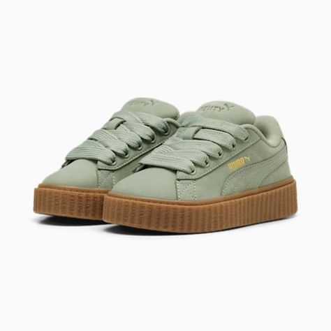 FENTY x PUMA Creeper Phatty Earth Tone Little Kids' Sneakers, Green Fog-PUMA Gold-Gum, extralarge Fenty X Puma Shoes, Fenty Puma Shoes, Fenty Puma Creepers, Rihanna Creepers, Puma Creepers, Puma X Fenty, Puma Rihanna, Sneakers Green, The Creeper