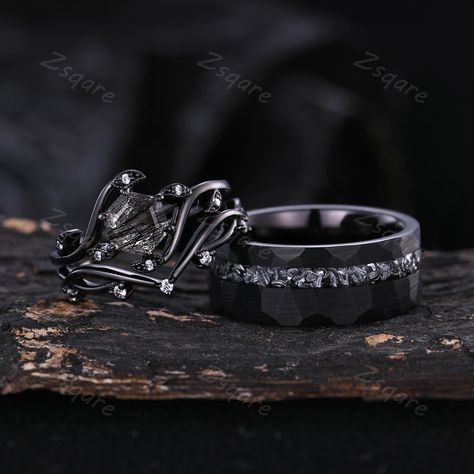 Introducing our galaxy meteorite couples ring set - a perfect symbol of love and commitment for the special couple. ITEM DESCRIPTION * Handmade, high-quality item! * Material: Sterling silver/10K/14K/18K Solid GOLD/Tungsten Sold as 3 pieces Her Ring: * Center stone: Natural black rutilated quartz * Stone size: 6x7mm hexagon cut * Accent stone: simulated diamond ► Please contact me if you have special requests, such as change the center stone or the ring style.  His Ring: * Band width: 8mm * Blac Dark Wedding Ring Set, Black Promise Ring For Him, Witchy Wedding Rings Men, Black Promise Rings For Him And Her, Black Couple Rings, Black Wedding Rings Sets Couple, Gothic Stainless Steel Promise Ring, Matching Goth Rings, Matching Gothic Wedding Rings