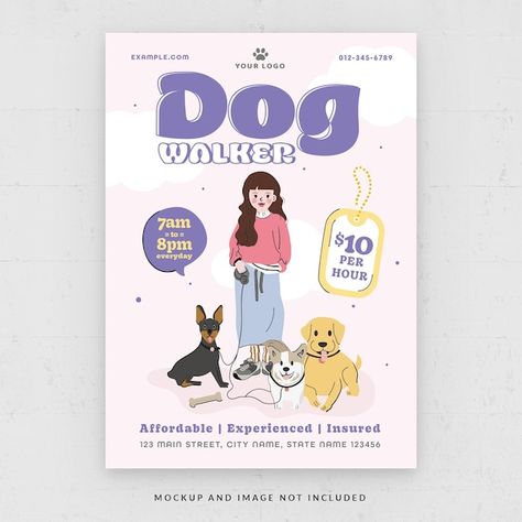 PSD dog walking pets service flyer templ... | Premium Psd #Freepik #psd Dog Walker Flyer, Dog Walking Flyer, Pet Grooming Business, Dog Training School, Dog Walking Services, Dog Walking Business, Pet Hotel, Pastel Theme, Service Animal