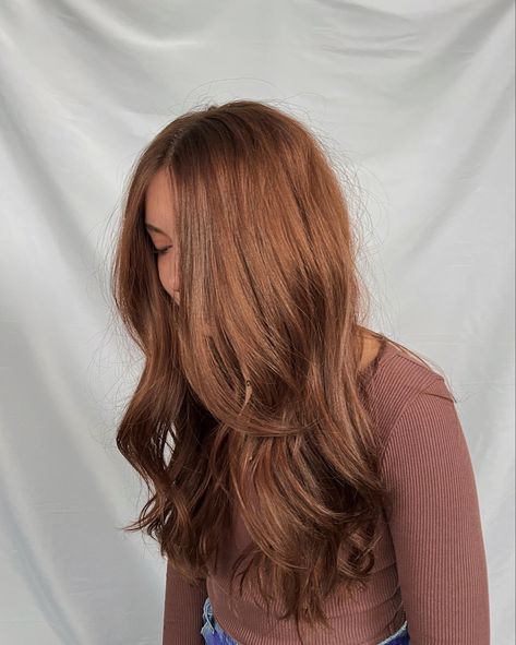 Golden Brunette Hair Color, Strawberry Caramel Hair, Reddish Brown Hair Light, Burnt Caramel Hair Color, Red Hair For Soft Autumn, Soft Copper Brown Hair, Auburn Hair Gloss, Light Auburn Balayage Brunettes, Cool Toned Ginger Hair