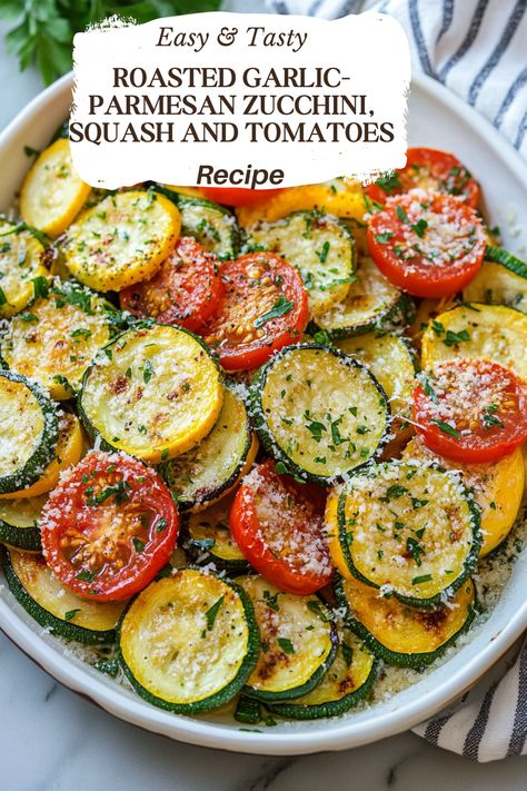 Roasted Garlic-Parmesan Zucchini, Squash And Tomatoes - An Organized Chaos Parmesan Zucchini Corn, Roasted Tomatoes And Zucchini, Roasted Garlic Parmesan Zucchini Squash And Tomato, Roasted Potatoes Zucchini And Squash, Zucchini Roasted Recipes, Roasted Summer Squash And Zucchini, Recipes With Squash And Zucchini, Italian Veggies Sides, Mexican Squash Recipes