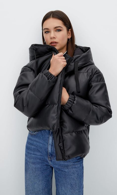 Hooded faux leather puffer jacket Faux Leather Puffer Jacket, Leather Puffer Jacket, Leather Puffer, Hooded Faux, Puffer Jacket Women, Puffer Jacket, Puffer, Winter Jackets, Faux Leather