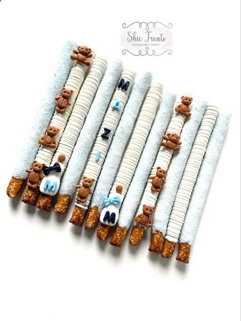 Teddy Bear Chocolate Covered Pretzels, Bearly Wait Treats, Baby Shower Cakesicles, September Baby Showers, Teddy Bear Chocolate, Chocolate Covered Pretzel Sticks, Chocolate Pretzel Rods, Baby Shower Cake Designs, Bear Chocolate