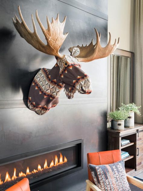 The locally made faux moosehead is meant to be a conversation starter. It certainly may be. Hgtv Dream Homes, Moose Head, Hgtv Dream Home, Home Remodeling Diy, Tshirt Quilt, Contemporary Fireplace, Diy Concrete, Lodge Style, Bunk Room