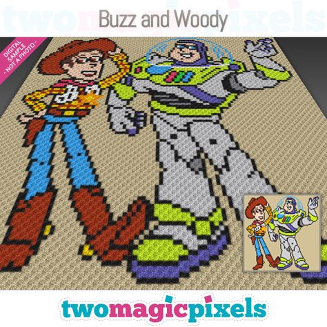 Buzz and Woody by Two Magic Pixels Toy Story Crochet Blanket, Magic Pixels, Cross Stitch Graph, Buzz And Woody, Tunisian Simple Stitch, Sc Crochet, Character Blankets, Crochet For Beginners Blanket, Pixel Crochet