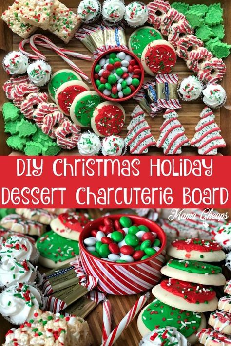 Charcuterie boards are so on trend right now and for good reason!  They are pretty to look at and they offer a big selection of treats and foods to your party guests. Check out t his easy DIY green and red Christmas holiday dessert charcuterie board that we put together for our Christmas party. Candy, cupcakes, cookies and more!  Easy step by step tutorial! #dessert #charcuterie #christmas #mamacheaps Holiday Dessert Charcuterie Board, Christmas Dessert Charcuterie, Christmas Dessert Charcuterie Board, Dessert Charcuterie Board Ideas, Dessert Charcuterie Board, Dessert Charcuterie, Holiday Desserts Christmas, Charcuterie Board Ideas, Christmas Platter