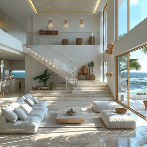 Interior Patio Design, Summer Villa Interior, Beach Villa Living Room, All White Modern House, House Gallery Design, Florida House Interior, Dream House Minimalist, Big House Living Room, Big House Interior