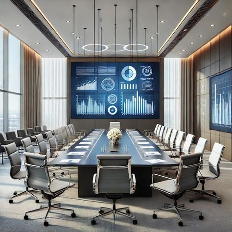 Empty Business Meeting Conference Room With Graphs And Diagrams On Tv In The Background Monitoring Room, Avengers Tower, Office Conference Room, Conference Room Design, Calm Room, Playroom Flooring, Communal Kitchen, Conference Meeting, Office Meeting Room