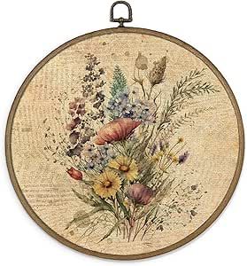 Over The Bed Decor Ideas, Over The Bed Decor, Farmhouse Living Room Wall Decor, Round Wall Hanging, Wildflower Paintings, Eclectic Gallery Wall, Wall Art For Bedroom, Wall Art Farmhouse, Art For Bedroom