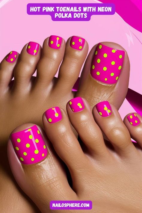 Add a playful twist to your summer look with these hot pink toenails featuring neon polka dots. Perfect for all skin tones, these fun and vibrant designs will make you stand out at any event. Click to explore more trendy nail art ideas! Neon Toenails, Hot Pink Toenails, Candy Color Nails, Summer Toenail Designs, Toe Nail Designs For Summer, Hot Pink Toes, Pink Toenails, Toenail Designs Summer, Red Toenails