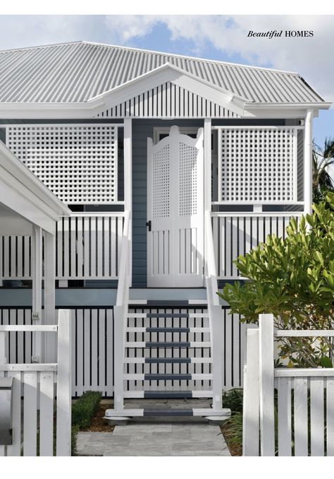 Queenslander Homes Exterior, Dulux Whisper White, Bold Front Door, Modern Queenslander, Colour Home, Queenslander Renovation, Red Barn Door, Porter Paint, Provincial Home