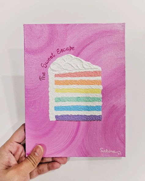 🎨 Painted this piece for my dear baker friend, Sarah to commemorate her business @thesweetescapecakery Artwork: 💕 Pink was chosen for the background to represent the brand colours and the swirls suggest "escaping" into the sweet bliss of a dessert (a play on the business name "The Sweet Escape Cakery"). 🌈 While the rainbow of colours in the cake slice portray how varied and delightful all her cakes are! Impasto technique was used to add a bit of realism and fluffiness to the cake slice 🍰 ... Cake Artwork, Canvas Easy Painting, The Sweet Escape, Impasto Technique, Brand Colours, Model Magic, Magic Cake, Cake Slice, Sweet Escape