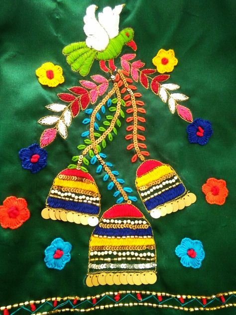 Sadu Bharat Kurti, Mirral Wark, Sadu Bharat, Blouse Painting, Khatli Work, Garba Dress, Embroidery Hoop Art Diy, Long Stitch, Hand Work Design