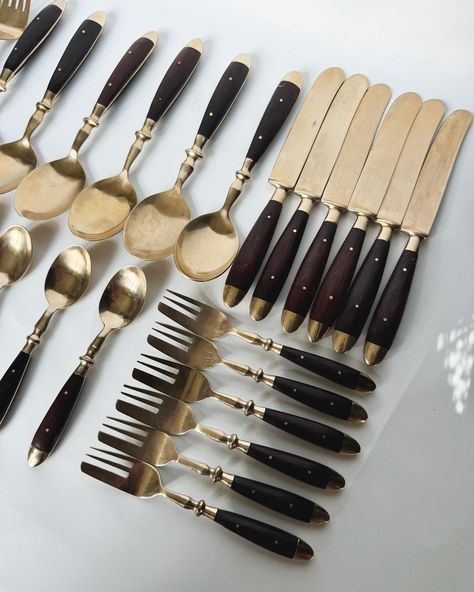 Vintage Wood and Brass Cutlery Set 🍽️ Stunning cutlery set for 6-person. (*The set includes 5 dessert spoons.) Condition: Very good vintage condition Price: €50 #vintagecutlerysets #woodandbrass #vintagedining #cutleryset Brass Cutlery, Dining Setting, Vintage Cutlery, Kitchen Cutlery, Dessert Fork, Brass Kitchen, Wood Handles, Cutlery Sets, Dessert Spoons