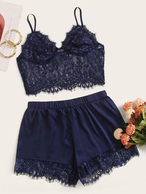 Cami Outfit, Satin Bustier, Satin Cami Top, Pajama Outfits, Casual Skirt Outfits, Satin Shorts, Lace Cami Top, Short Pj Set, Lace Cami