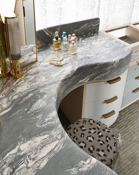 Curved Vanity, Vintage Vanity Mirror, Marble Makeup, Stool Upholstery, Luxury Condominium, Leather Drawer, Vanity Counter, Custom Millwork, Makeup Station