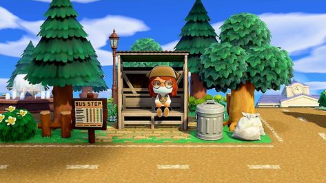 Acnh Retro Transportation Stop, Animal Crossing Bus Stop, Acnh Bus Stop, Acnh Retro, Acnh Rooms, Retro Bus, Acnh Inspiration, Town Ideas, Forest City