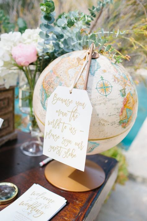 travel themed wedding at Mountain Mermaid, globe guest sign in book Fall Brunch Wedding, Fairytale Wedding Theme, Travel Themed Wedding, Wedding Table Themes, Fall Brunch, Wedding Guest Books, Vintage Wedding Theme, Travel Theme Wedding, בר מצווה