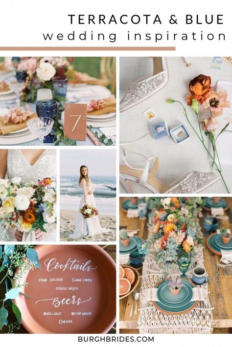 Terracotta & Blue Wedding Inspiration. For more wedding color ideas, visit burghbrides.com! #weddingcolorpalette #weddingcolorinspiration #terracottaandbluewedding #terracottaweddingcolors #blueweddinginspiration Terracotta Blue Wedding, Dusty Blue And Terracotta Wedding, Teal Fall Wedding, Fall Wedding Tablescapes, Blue And Terracotta, Wedding Brainstorming, Terracotta Wedding, Blue Wedding Inspiration, Wedding Moodboard