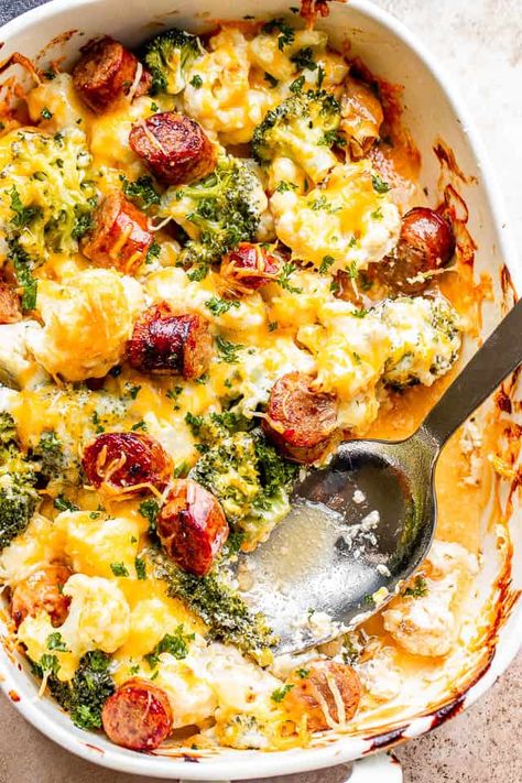 Cauliflower Casserole Recipe Sausage And Cauliflower, Cheesy Casserole Recipes, Broccoli Sausage, Broccoli Cauliflower Casserole, Sausage Broccoli, Pork Dinners, Smoked Sausage Recipes, Broccoli Cheese Casserole, Cheesy Broccoli