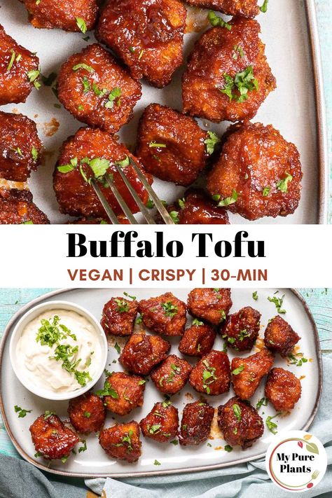 This buffalo tofu recipe is made with crispy breaded tofu tossed in a spicy buffalo sauce, this easy recipe is ready in just 30 minutes and packs a burst of flavor that will make your taste buds crave more! Spicy Buffalo Sauce, Breaded Tofu, Buffalo Tofu, Buffalo Recipe, Burger Meat, Plant Based Burgers, Marinated Tofu, Tofu Recipe, Crispy Tofu