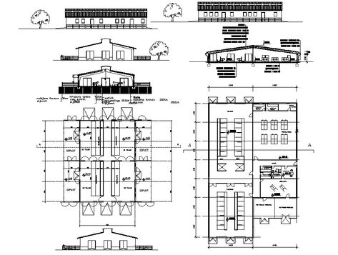 2d design drawings of cattle shade plan elevation and section dwg file that shows cattle shade area plan details along with elevation and sectional details. Roofing structure is provided at ceiling with dimension details. Farm Plans Layout Design, Cow Shed Design, Cattle Housing, Animal Farming, Shed Design Plans, Pig Showing, Farm Building, Plan Elevation, Cattle Barn