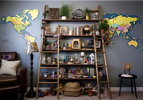 Creative Ways to Decorate Your Space with Travel Souvenirs - Malorie's Adventures Travel Corner Home Decor, Displaying Travel Souvenirs, Travel Souvenirs Display, Souvenir Wall, Souvenir Display, Unique Side Table, Functional Decor, Book Display, Travel Souvenirs