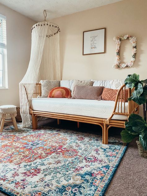 This baby girls big girl room is a boho dream. #rattan #worldmarket #bohohomedecor #bohobedroomideas #bohobedroomplans #bohobedroomideasdiy #wayfair #tapestrybedroom #homeinspiration #decorationideas #homedecor #lightandairy #homeinteriordesign #babygirlroom #inspohome #decorsteals #smallbedroomideas Daybed Room Ideas Boho, Boho Trundle Bed, Twin Boho Bedroom, Boho Bedroom Twin Bed, Daybed Styling Ideas Boho, Day Bed Bedroom Ideas Boho, Daybed Room Ideas For Women, Boho Twin Bed, Boho Day Bed