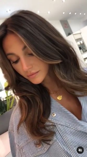 Michelle Keegan's new halo highlights are *seriously* stunning- CosmopolitanUK Michelle Keegan Hair 2023, Michelle Keegan Hair Colour, Caramel Halo Highlights, Brunette Curly Hair Balayage, Halo Balayage Brunette, Michelle Keegan Makeup, Brown Balayage Hair With Bangs, Michelle Keegan Hair Bangs, Halo Highlights Hair Brunettes