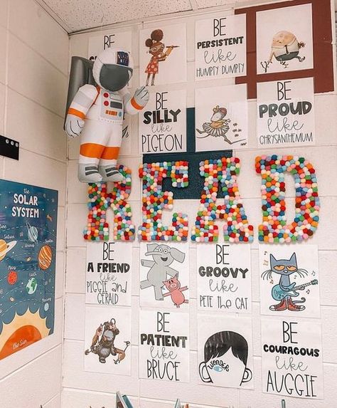 Lauren 👋🏽 LoLo Loves Learning on Instagram: "Many of you asked me about my READ wall yesterday! Here are the details…✨ Character posters from @designsbymissg in her linktree! Character quotes from @sandersinsecond Teachers Pay Teachers 🤩 Astronaut from Party City 🚀🧑‍🚀 Read wood letters were from Hobby Lobby Pom Poms were from Amazon that I hot glued on 🤍" Hobby Lobby Letters, Teacher Vision Board, Pom Pom Letters, Future Educator, Traditional Classroom, Teacher Vibes, Character Posters, First Grade Phonics, Reading Posters