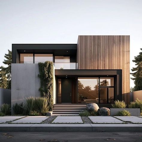 Modern La Home Exterior, Modern Japandi House Exterior, Modern Concrete House Exterior, Japandi Home Exterior, Japandi Exterior House, Wood Cladding Exterior Modern, Facade Architecture House, Japandi Facade, Japandi House Exterior